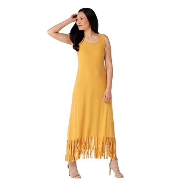 Womens Plus Size 3XL Mustard Yellow Sleeveless Cover Up Dress Fringe Hem Beach - Picture 1 of 9